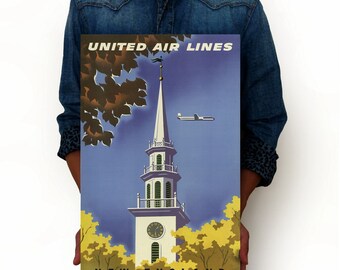 New England Vintage Travel Poster,  United Air Lines Poster, Art Print, City Poster Minimalist Art 13" x 19"