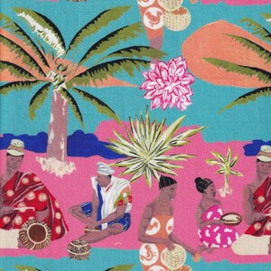 May include: A colorful fabric pattern featuring people in traditional clothing, palm trees, and flowers. The background is a vibrant pink and blue.