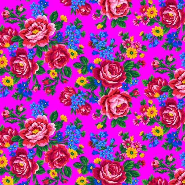 Hot Pink Fabric with Roses - Kokum Scarf - Babushka - Elizabeth Studios - Quilting Cotton Fabric - Fabric by the yard