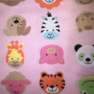 Pink Fabric with Animals Faces - Quilting Cotton Fabric - Fabric by the Yard.