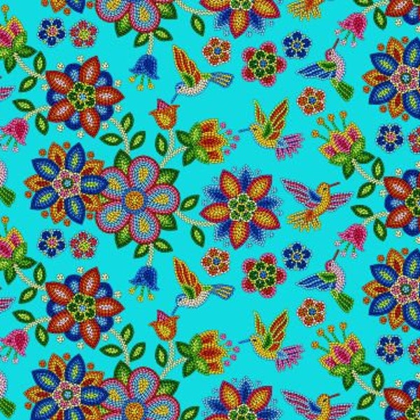 Turquoise Beaded Navajo Fabric - Beaded Hummingbird - Elizabeth Studios - Tucson Collection - Quilting Cotton Fabric - Fabric by the yard