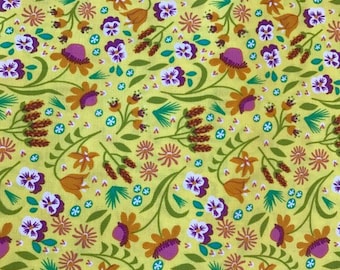 May include: Yellow fabric with a floral pattern. The pattern features small purple and white flowers, orange bell-shaped flowers, and yellow star-shaped flowers.