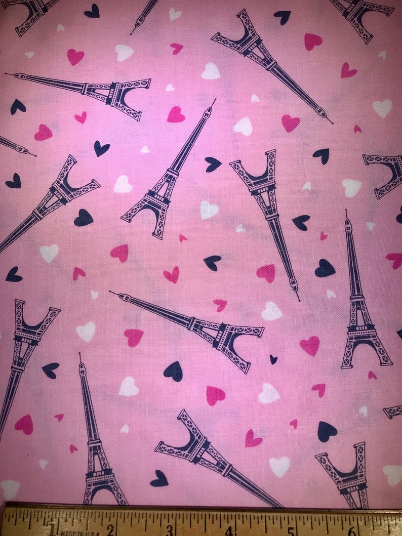 Choose your cut. Timeless Treasures Paris Quilting Cotton Fabric France Pink fabric with Eiffel Towers
