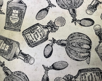 End of Bolt - Measures 47" by 43" - White Fabric with Black Bottles of Perfume - David Textiles Fabrics - Quilting Cotton Fabric