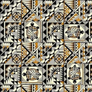 May include: A seamless pattern featuring a geometric design in black, white, and gold. The pattern includes stylized turtles and various geometric shapes.