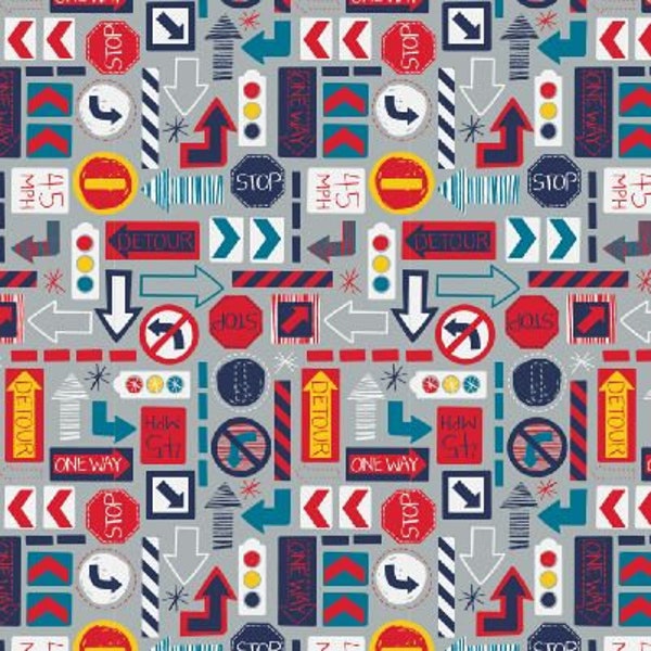 Grey Fabric with Traffic Signs -  On the Move - Camelot Fabrics  - Quilting Cotton Fabric - Choose your cut.