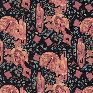 May include: A black background with a repeating pattern of stylized masks and geometric shapes in shades of orange, brown, and teal.