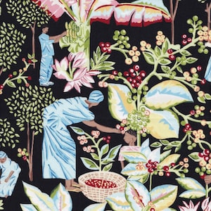May include: A colorful illustration of people picking coffee beans from a coffee plant. The illustration is set against a black background and features a variety of green and red coffee beans, as well as lush green leaves.