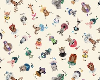 Beige Fabric with Alphabet Animals - Elizabeth Studio -Quilting Cotton Fabric  - Fabric by the yard - Choose your cut size
