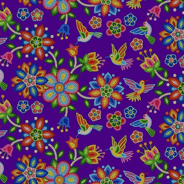 Dark Purple Beaded Navajo Fabric - Beaded Hummingbird - Elizabeth Studios - Tucson Collection - Quilting Cotton Fabric - Fabric by the yard