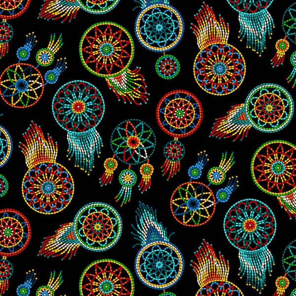 Black Fabric with Dream Catchers - Navajo Fabric - Elizabeth Studios - Tucson Collection - Quilting Cotton Fabric - Fabric by the yard