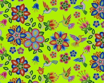 Hummingbird Floral Cotton Fabric - Green Beaded Navajo Style
