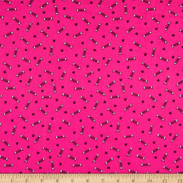 Pink fabric with fish bones - Cool Cat Club - 3 Wishes Fabric - Quilting Cotton Fabric - Fabric by the Yard - Fish Bones