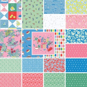 May include: A collection of colorful fabric patterns. Designs include sailboats, birds, flowers, and geometric shapes. A pink square features the words "NICE NICE" with a crab and a slice of melon.