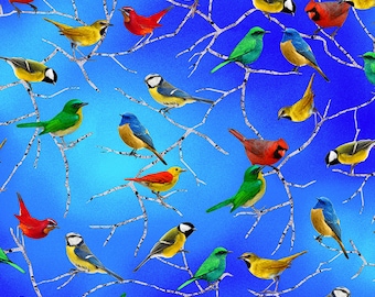 Blue Bright Colorful Birds - Floral Forest by Chong A-Hwang - Timeless Treasures  - Quilting Cotton Fabrics - Fabric by the yard