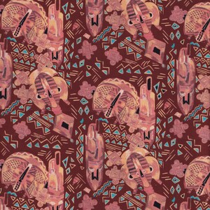 May include: A seamless pattern featuring stylized masks and geometric shapes in shades of brown, orange, and blue on a dark red background.