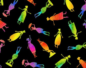 Black Fluorescent African Women- African Sunset by Chong-A-Hwang  -  Quilting Cotton Fabrics - Fabric by the yard- CM2043-Black