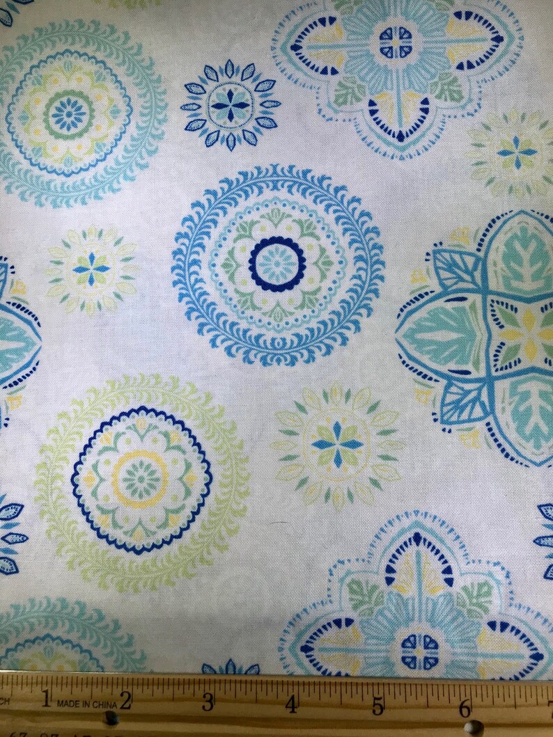 Choose your cut size. Timeless Treasures Janelle Penner Wild Apple White and teal fabric Quilting Cotton Fabric