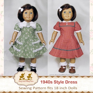 May include: Two dolls wearing 1940s style dresses. One doll is in a green floral dress with white lace trim, and the other is in a red gingham dress with green trim. Both dolls have brown hair, white bows, and wear white socks and black or brown shoes. The text reads "1940s Style Dress" and "Sewing Pattern fits 18 inch Dolls."