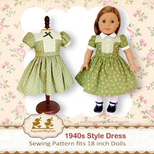 May include: A green 1940s style dress with white polka dots and floral print, displayed on a doll and a dress form. The dress features a white collar and trim, and the text "1940s Style Dress" is visible.