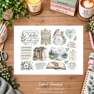 Puede incluir: Una hoja de pegatinas digitales con ilustraciones en acuarela de un pájaro, un paisaje, un libro abierto y elementos florales. El diseño incluye textos religiosos como el Salmo 91:1, Shelter, Protection, Peace, Rest y Held by Him, junto a varios corazones y letreros decorativos.