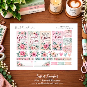 Peut inclure: Une feuille imprimable présentant des étiquettes religieuses florales avec des textes comme His Grace Is Sufficient, Saved By Grace, Grow In Grace et His Grace Is Enough, ornées de fleurs aquarelles roses et bleu sarcelle et de cœurs.