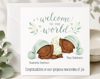 Welcome to the World Card, Personalised Twins New Baby Card, Congratulations Boy or Girl
