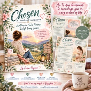 Pode incluir: Um livro devocional intitulado Chosen: A Devotional Companion por Emma Hugman, com uma ilustração de capa de uma pessoa escrevendo em um diário diante de uma paisagem, além de páginas de devocionais diários e uma caneca com texto.