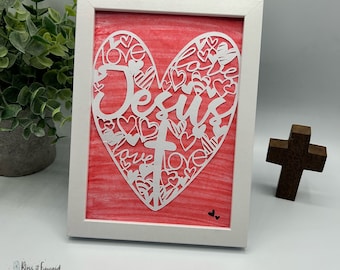 Jesus and Cross Love Heart - Handcut Papercut - Christian Decor Design | Baptism Gift | Christian Faith Gift | Bible Verse Art