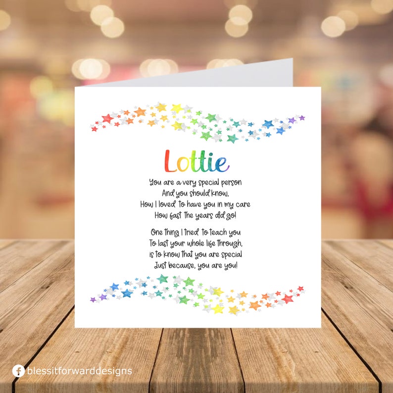 Just as You are Card Childcare Leaving card Childminder Teacher Nursery Printed Card Rainbow Stars