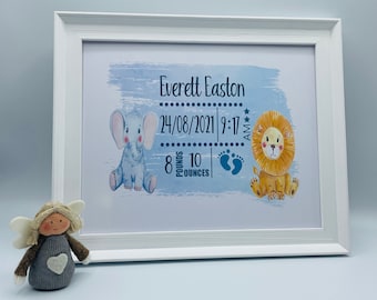 New Baby Boy Personalised Print - New Baby Gift - Zebra - Giraffe - Elephant - Hippo - Lion