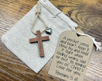 Wooden Pocket Cross and heart, Easter Gift, Christian Gift, Christian Encouragement Gift, Baptism Gift, Christian Faith Gift,