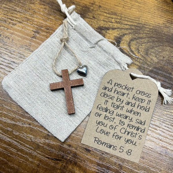 Wooden Pocket Cross and heart, Easter Gift, Christian Gift, Christian Encouragement Gift, Baptism Gift, Christian Faith Gift,