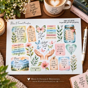 Può includere: Un foglio di adesivi bianco di Bless It Forward Ministries con illustrazioni ad acquerello di farfalle, fiori, foglie, mani e un barattolo, insieme a testi ispiratori come Cast all your anxiety on him e Let go and Let God.
