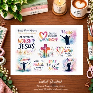 Peut inclure: Une planche d'autocollants numériques présentant des graphismes religieux de style aquarelle et du texte incluant "Created to Worship Jesus", "I Have a Reason to Worship", "Praise", "I Will Sing to the Lord", "Worry Less Praise More", "Roar Shout" et "Arise".