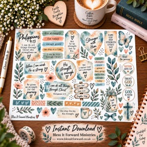 May include: A sticker sheet featuring watercolor-style religious quotes and floral illustrations. Text includes Philippians 4:13, Stronger with Him, and Never Give Up. The design incorporates hearts, butterflies, a cross, and a mason jar, all in soft blue, peach, and green tones.