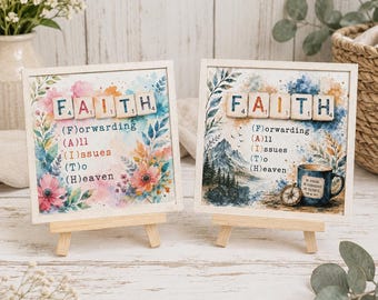 Stampa con la scritta "FAITH" su targa di legno con cavalletto – Decorazione cristiana per la casa, arte murale ispiratrice