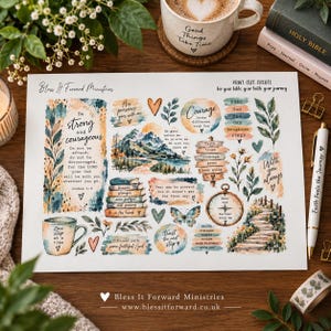 Könnte beinhalten: Ein weißer Stickerbogen mit Aquarellillustrationen von Bergen, Büchern, einem Kompass, einem Schmetterling und floralen Elementen. Der Bogen enthält religiöse Texte wie Be strong and courageous sowie Joshua 1:9 und weitere Sprüche.