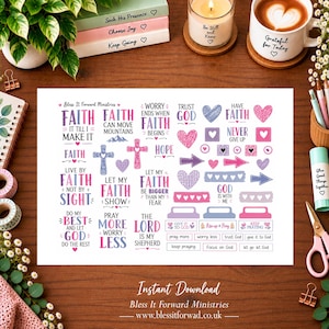 Könnte beinhalten: Ein weißer Aufkleberbogen mit verschiedenen religiösen Motiven in Pink, Lila und Blau. Der Bogen enthält Textphrasen wie Faith Can Move Mountains, Trust God und The Lord Is My Shepherd sowie Symbole von Herzen, Kreuzen und Pfeilen.