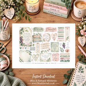Puede incluir: Una hoja de pegatinas digitales con ilustraciones de temática religiosa, incluyendo etiquetas, corazones y textos como Remain in Him, Connected to Jesus y versículos bíblicos. El diseño incluye motivos vegetales, uvas y detalles florales en acuarela.