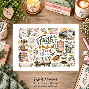 以下が含まれることがあります： Faith as small as a Mustard seed Matthew 17:20というテキストが中央に配置された長方形のプリント。種が入った瓶、開いた本、じょうろ、木製の看板、山、様々な花のイラストが白い背景に描かれています。