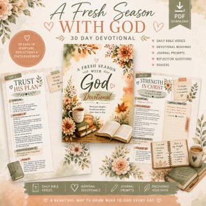 Pode incluir: Um devocional de 30 dias intitulado A Fresh Season With God, com ilustrações florais, uma caneca de café e um livro aberto. O download digital inclui versículos bíblicos diários, sugestões de diário, reflexões e orações.