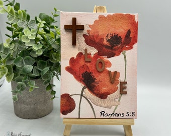 Wooden Cross  / Love Canvas Art - Romans 5:8 - Christian Decor Design | Baptism Gift | Christian Faith Gift | Eater Gift | Bible Verse Art