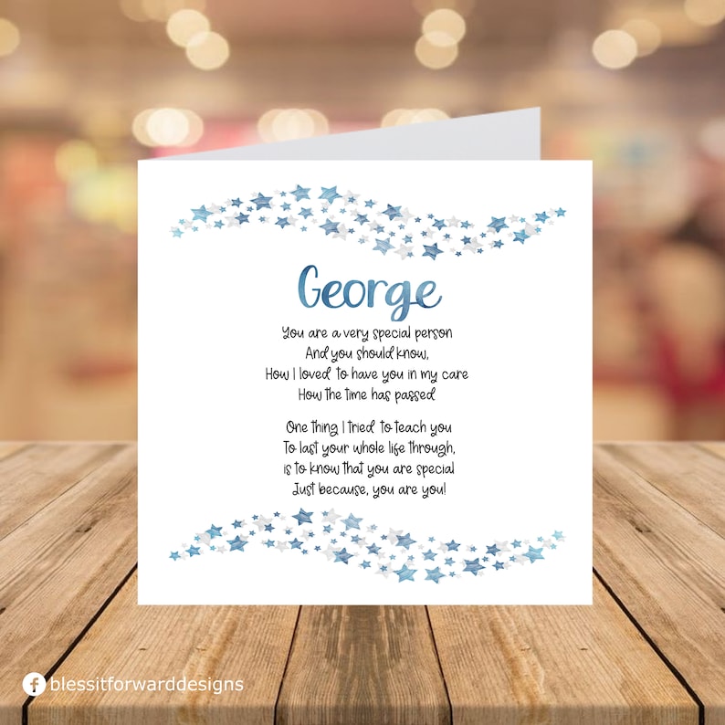 Just as You are Card Childcare Leaving card Childminder Teacher Nursery Printed Card Blue Stars