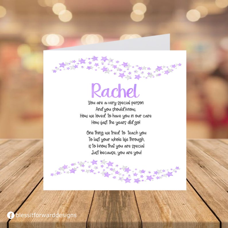 Just as You are Card Childcare Leaving card Childminder Teacher Nursery Printed Card Purple Stars