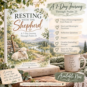 Puede incluir: Un libro titulado Resting with the Shepherd: A 7-Day Journey Through Psalm 23 de Emma Hugman, con una ilustración de un cordero. Al lado hay una taza de cerámica beige con el texto Rest Create Reflect Grow with God y un icono de corazón.