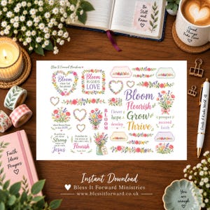 Könnte beinhalten: Ein weißer Aufkleberbogen mit Blumenillustrationen, Herzformen und inspirierenden Texten wie Bloom, Flourish, Grow, Thrive sowie biblischen Phrasen. Die Designs sind bunt mit rosa, gelben und violetten Blumen und grünen Blättern gestaltet.