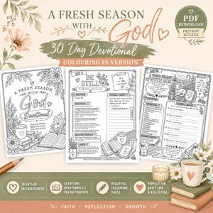 以下が含まれることがあります： 「A Fresh Season With God」と題された30日間のデボーション塗り絵ブック。花のイラスト、聖句、ジャーナルのプロンプト、祈りのセクションが記載された白黒のページで構成されています。デジタルダウンロードには、テキストと線画が含まれています。