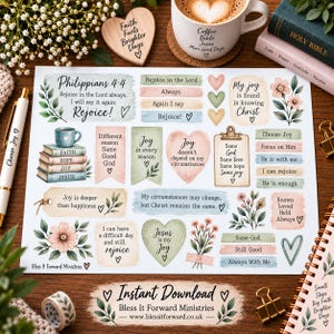 May include: A sticker sheet featuring watercolor illustrations of flowers, hearts, and religious quotes including Philippians 4:4, Rejoice in the Lord, and My joy is found in knowing Christ. The sheet contains various rectangular and heart-shaped labels.