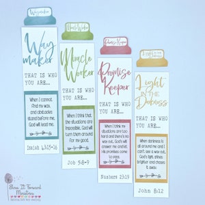 Puede incluir: Cuatro marcadores coloridos con citas inspiradoras. Los marcadores presentan las palabras "Waymaker", "Miracle Worker", "Promise Keeper" y "Light in the Darkness". Cada marcador incluye un versículo bíblico y elementos decorativos.